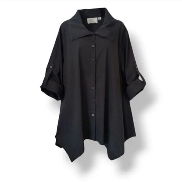 INAE Collection Handkerchief Hem Button Down Roll Tab Sleeve Tunic Top in Black - Picture 10 of 10